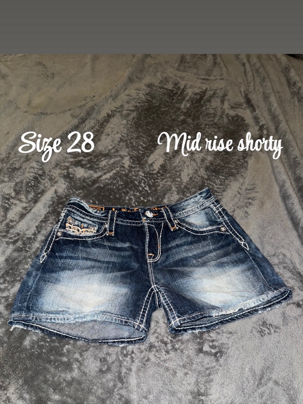 Rock Revival Dark Blue Distressed Mid-Rise Jean Shorts
